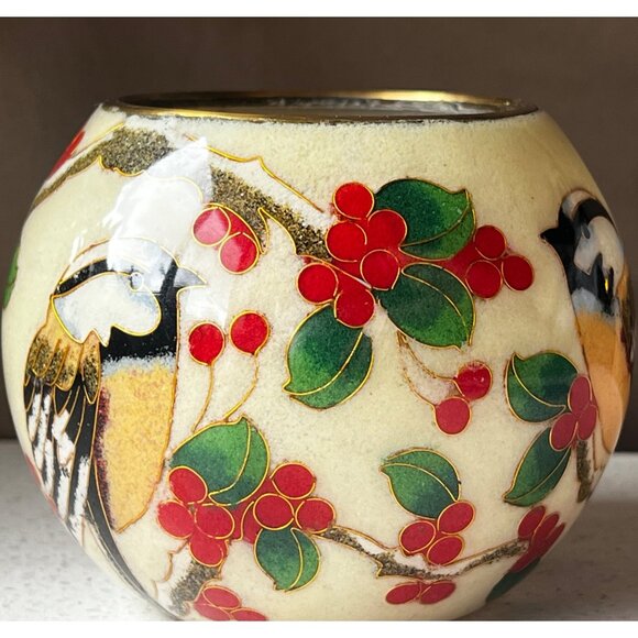William Bill Yee Cloisonné Plique-a-Jour Bird & Berries Vase Candle Holder 4x3 - Picture 3 of 9